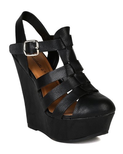 Breckelles AH98 Women Leatherette Round Toe Platform Sandal Wedge, Black