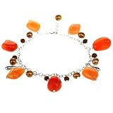 Freshwater Gold Pearl Charm Bracelet With Orange Carnelian, Tiger's Eye & Sterling Silver Teardrops