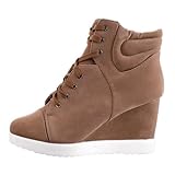 Damen Schuhe, STIEFELETTEN, KEIL WEDGES SCHNÜR BOOTS, Q99-16, Synthetik in hochwertiger Velour Leder Optik, Hell Braun, Gr 38