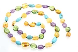 Mom Teething Necklace / Nursing Necklace - Lemon and Butterscotch Baltic Sea Amber, Green Caribbean Amber, Natural Turquoise and Amethyst