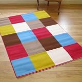 Modern Contemporary Multi Coloured Blocks Rug Pink Brown Blue Green Cream Kids & Teens