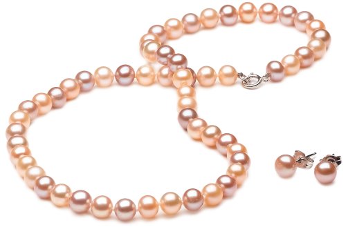 Multi-Color Freshwater Cultured Pearl Girl\'s Necklace and Earring Set with Sterling Silver Clasp (6-6.5mm), 15\