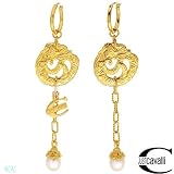 JUST CAVALLI Elegant Earrings With Genuine 8mm Freshwater Pearls Made in Gold Plated Base Metal. Total item weight 20.0g Length 88mm