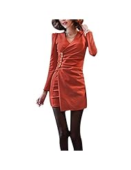 V-neck Long Sleeves Puff Sleeves Pleated Polyester  Dress