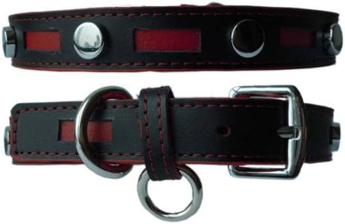 Foxy Collars Inlaid Genuine Leather Collar with Metal Studs - Black/Red 12-14"