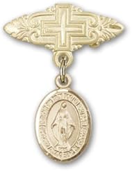 14K Gold Baby Badge with Miraculous Charm and Badge Pin with Cross