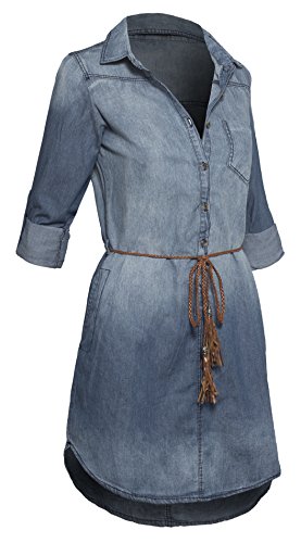 Women's Denim Button Down Belted Shirtdress with Pockets