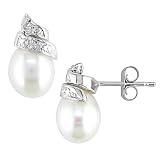 6.5-7mm Freshwater Pearl and Diamond Accent Earrings in 14k White Gold, GHI, I1-I2