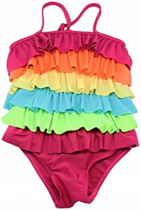Girl's Cute Rainbow Bikini One Piece Layered Dress Swimsuit (US(L)=ASIA(XL) 4-5T)