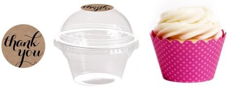 Dress My Cupcake 24-Pack Kraft Dessert Table Label Kit, Includes Favor Dome Containers, Thank You! Label and Fuchsia Wrapper