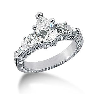 1.50 Ct Diamond Engagement Ring 14k White Gold Pear Baguette Cut Antique SI3 H