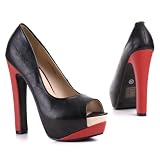 Damen Schuhe, PUMPS, HIGH HEELS PLATEAU PEEPTOE, A8033, Synthetik in hochwertiger Leder Optik