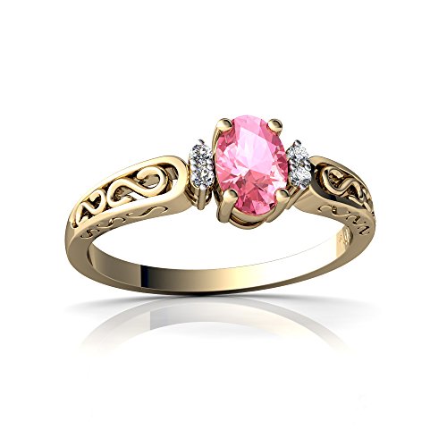 14kt Yellow Gold Lab Pink Sapphire and Diamond 6x4mm Oval filligree Scroll Ring - Size 7