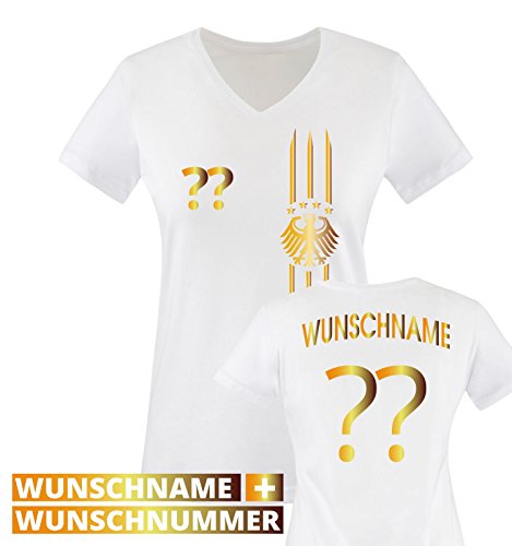 TRIKOT – MOTIV1 – DE – WUNSCHDRUCK – Damen V-Neck T-Shirt – Weiss / Gold Gr. M