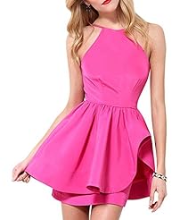 Halter Polyester Backless Cutout Pleated Short Bubble Dress Bodycon Dress 