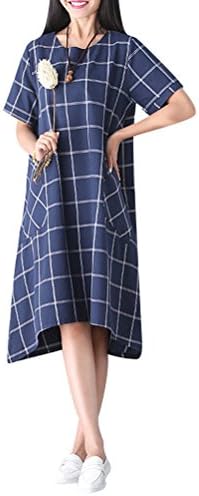 Modishou Women's Short Sleeve Plaid Casual Dress with Pockets Blue 2XL