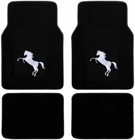 4 Pieces White Pony Mustang Horse Logo Premium Black Carpet Front & Rear Floor Mats Set Universal