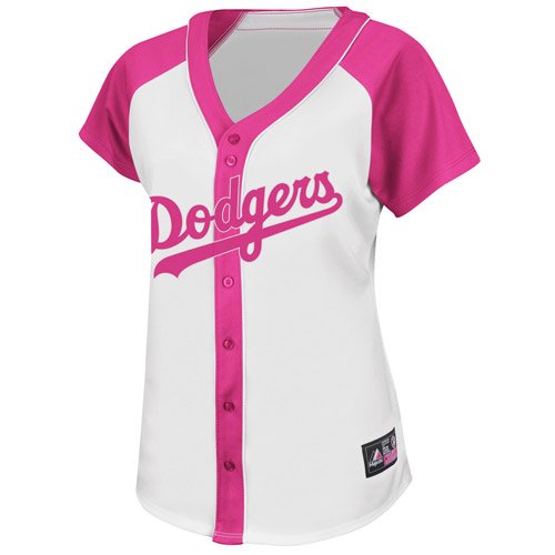 MLB Women's Los Angeles Dodgers Short Sleeve 5 Button Synthetic Replica Baseball Jersey (White/Pink Splash, Medium)