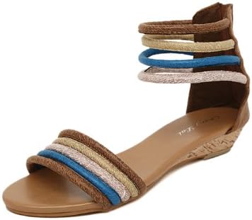 G Antini Ladies Multiple Straps Vamp Back Zip Flat Heels Sandals Brown US 7