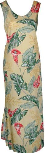 Long Tank Dress - Trumpet Flower A-Shape 18" Side Slits Hawaiian Aloha Slip Dress in Yellow - M