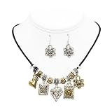Two Tone Heart and Flower Necklace and Earrings Set Jewelry