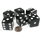 Set of 6 D6 25mm Large Opaque Jumbo Dice - Black with White Pip