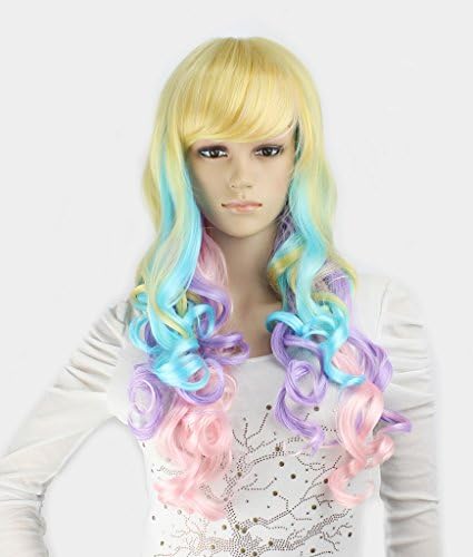 WY Blue Sky 26inch Multicolor Ombre Punk Long Curly Wave Layered Medium Synthetic Cosplay Wig for Women with Side Swept Bangs Fringe Glamour +Free Wig Cap
