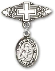 Sterling Silver Baby Badge with St. Basil the Great Charm and Badge Pin with Cross