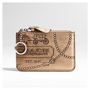 Coach Metallic Leather Medium Skinny Business Coin Case Bag with Key Chain 43298 Gold