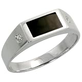 14k White Gold Mens Ring, w  Rectangular Black Onyx Stone and 0.10 Carat Brilliant Cut Diamonds, 1...