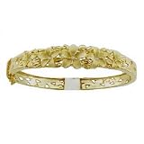Hawaiian Jewelry 14k Gold Plumeria Flower Diamond Bangle Bracelet, 6.75in
