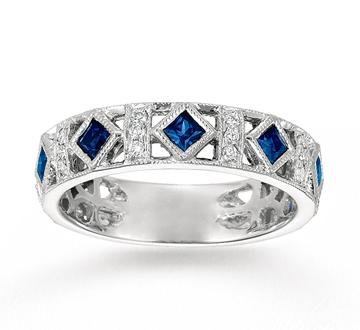 14k White Gold Filigree Diamond Sapphire Stackable Ring