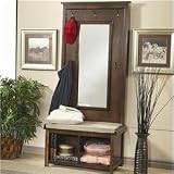 Walnut Finish Tree Stand With Padded Cushion Storage And Mirror