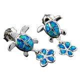 Rhodium Silver Opal Turtle & Plumeria Dangle Earrings--Hawaiian Silver Jewelry