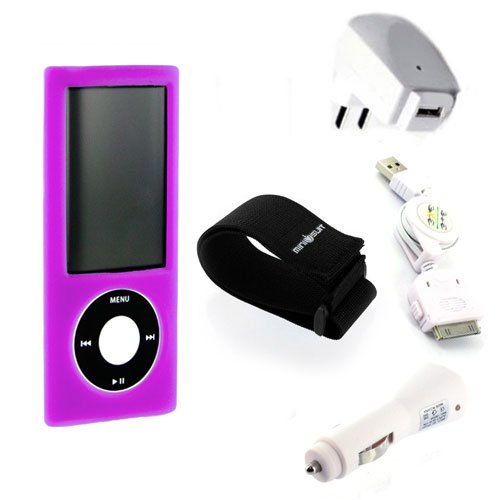 (Purple Nano 5th Gen) 5 in 1 iPod Nano 5th generation silicone case bundle for 5th Gen accessories skin cover, armband, car charger, home charger, USB cable