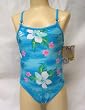 Girls Thin Strap One Piece Turqouis Foiled Palm Hibiscuss Tank 4-6X