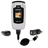 Retractable USB Hot Sync Compact Kit with Car & Wall Charger for the Samsung M500 - Gomadic Brand w/ TipExchange Technology