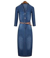Denim 3/4 Sleeves Belted Maxi Dress 