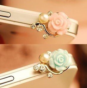Rose Flower Pattern 3D Crystal Bead Pearl Diamond 3.5mm CellPhone Charm Anti Dust Plug Earphone Headphone Jack Accessory For all device with 3.5mm Plug Pink