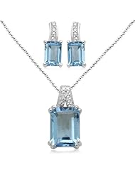 Sterling Silver Blue Topaz and Diamond Ring, Pendant Necklace and Earrings Box Set, Size 7