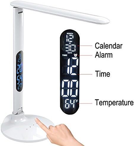 LEDJump® Digital Time &amp; Temperature Alarm Touch Series 3-Color Modes Dimmable Bright G7 Rotatable LED Desk Lamp USB Port Charger, Foldable, Rotatable, Eye Protection Lights, Energy Saving LED Desk Table Lamps Lights, 5-Year Warranty