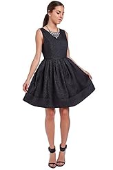 Fit-and-Flare Round Neck Brocade/Cotton/Polyester Skater Dress/Midi Dress 