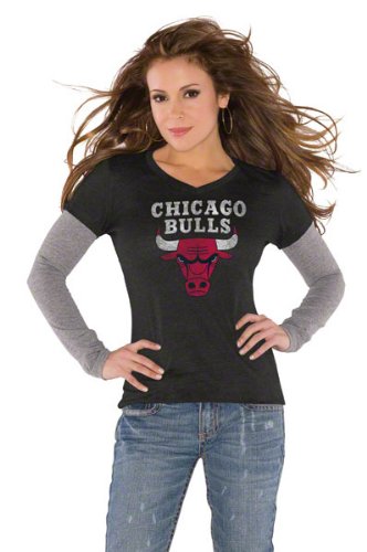 Chicago Bulls Black Women's Primary Logo Tri Blend Long Sleeve Layered T-Shirt- by Alyssa Milano