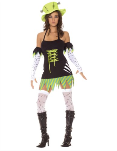 Monster Mistress - 5 pc. costume includes halter dress with lace up bodice gloves arm bands thigh his and hat.(BLACK/GREEN,XS)