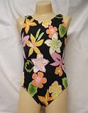 Basic One Piece Girls Swim Tank Crotch Linned BlackFlower Sizes 5-14 Made in USA