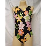 Basic One Piece Girls Swim Tank Crotch Linned BlackFlower Sizes 5-14 Made in USA