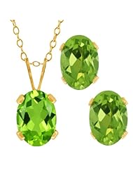 1.80 Ct Oval Green Peridot Gold Plated Silver Pendant Earrings Set + 18" Chain
