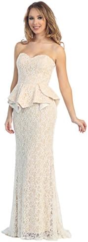 Newpeach Women's Lace Peplum Strapless Sweetheart Bust Prom Gown 18 Ivory
