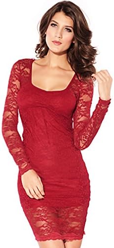 Blanca, Womens Embroidered Long Sleeves Transparent Lace Formal Dress DR111, Red