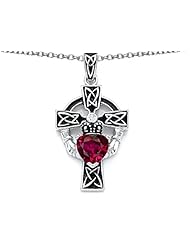 Celtic Love by Kelly (tm) Claddagh Cross pendant with 7mm Heart Shape Created Ruby in 925 Sterling Silver